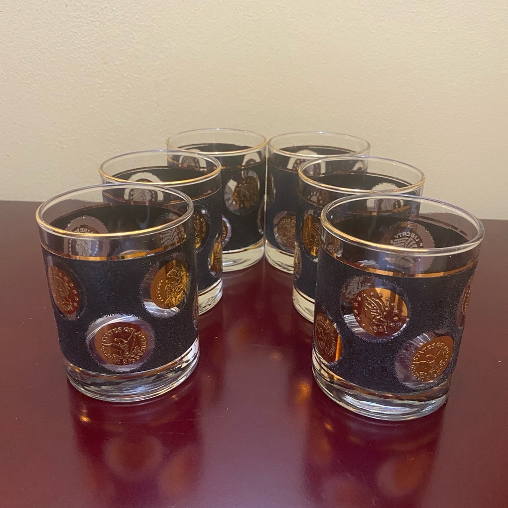 1960s Vintage  MCM Libbey Black & Gold Coin Glasses